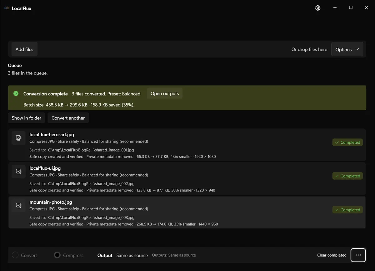 LocalFlux showing three completed, verified sharing copies.