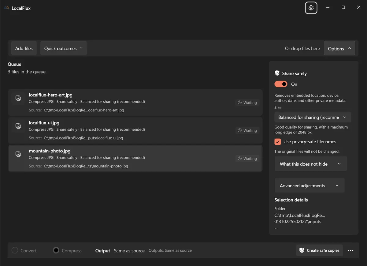Optimize for sharing loaded with metadata removal and privacy-safe filenames enabled.