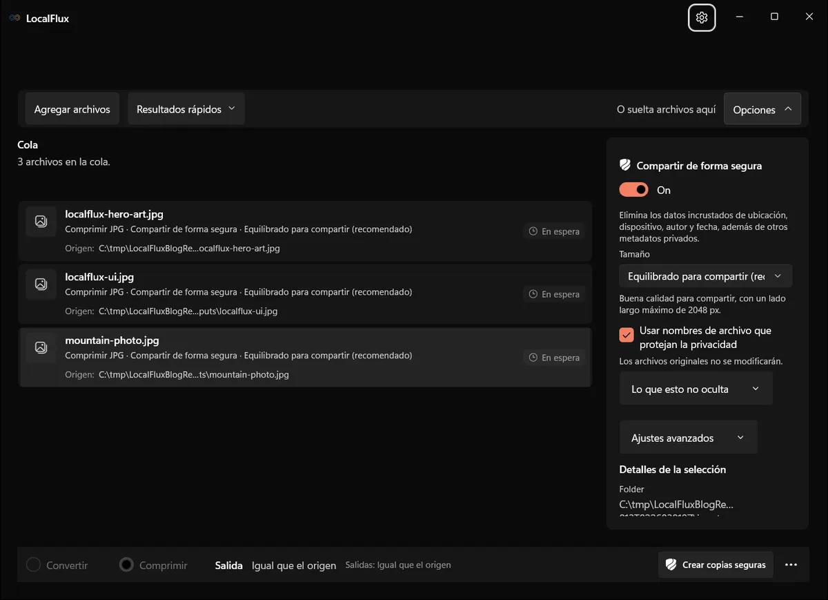 Optimizar para compartir con borrado de metadatos y nombres neutros activados.