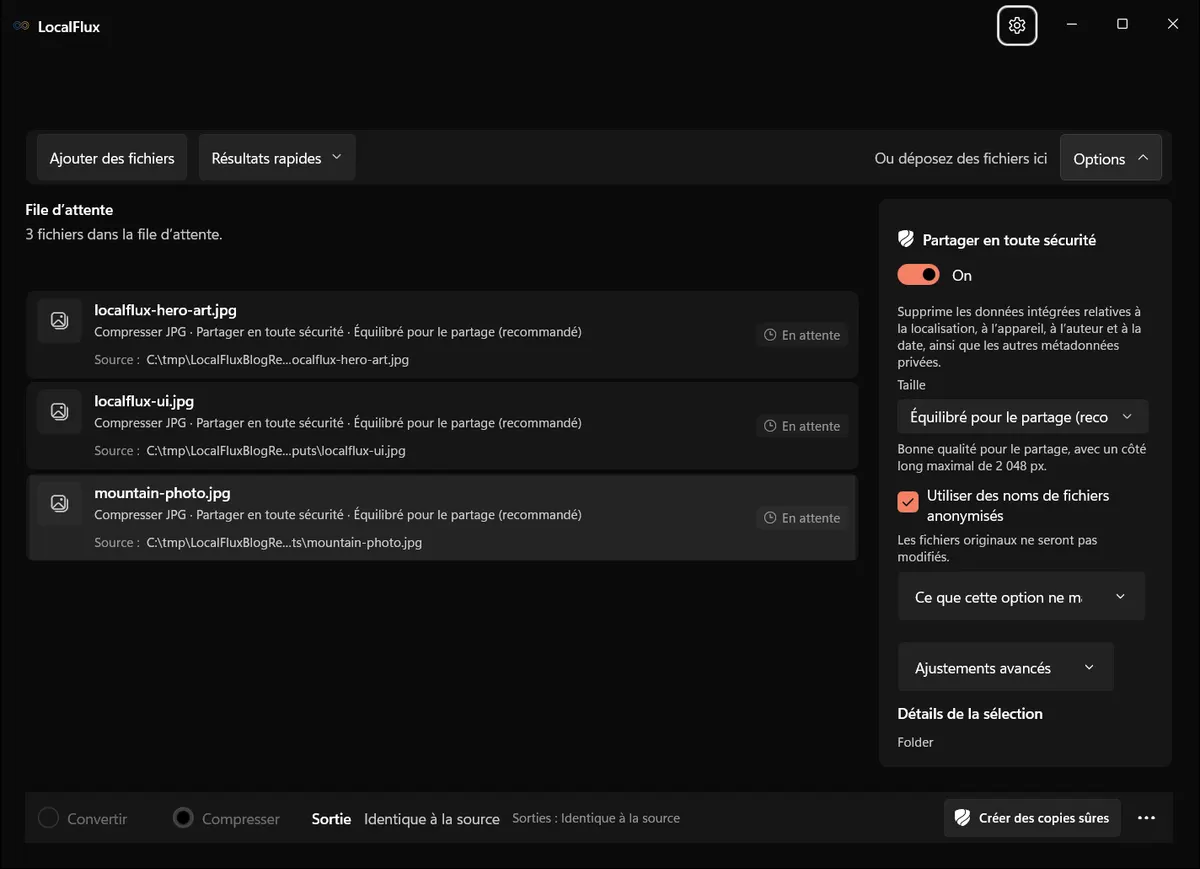 Optimisation pour le partage avec retrait des métadonnées et noms neutres.