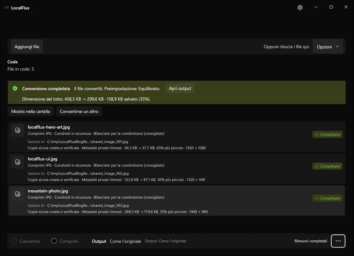 LocalFlux mostra tre copie per la condivisione completate e verificate.