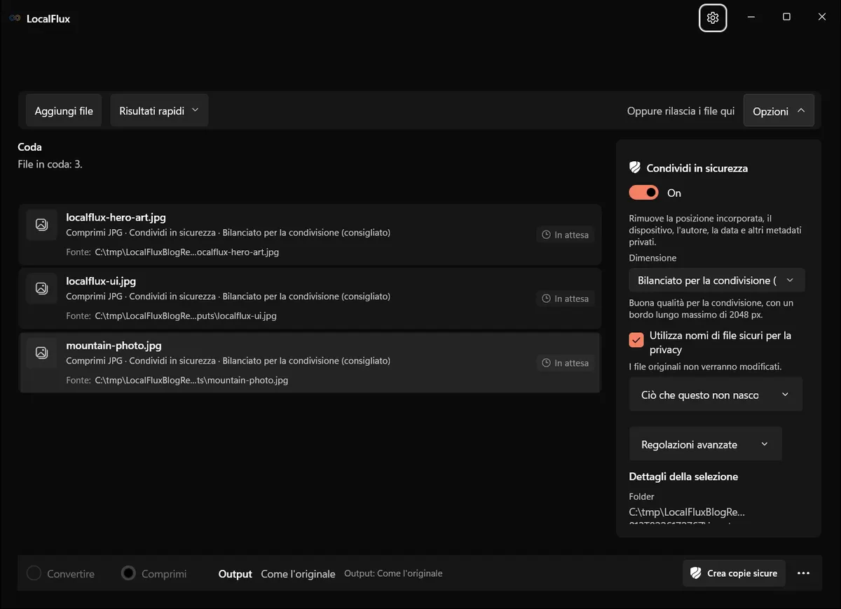 Ottimizza per condivisione caricato con la rimozione dei metadati e i nomi di file rispettosi della privacy attivi.