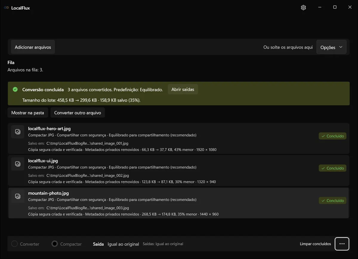 LocalFlux mostrando três cópias para compartilhamento concluídas e verificadas.
