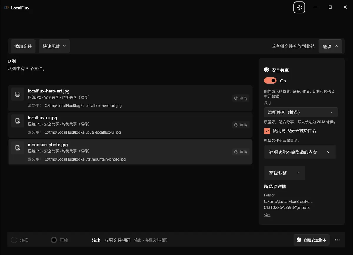 “优化以便分享”已加载,并启用了元数据删除和隐私安全文件名。