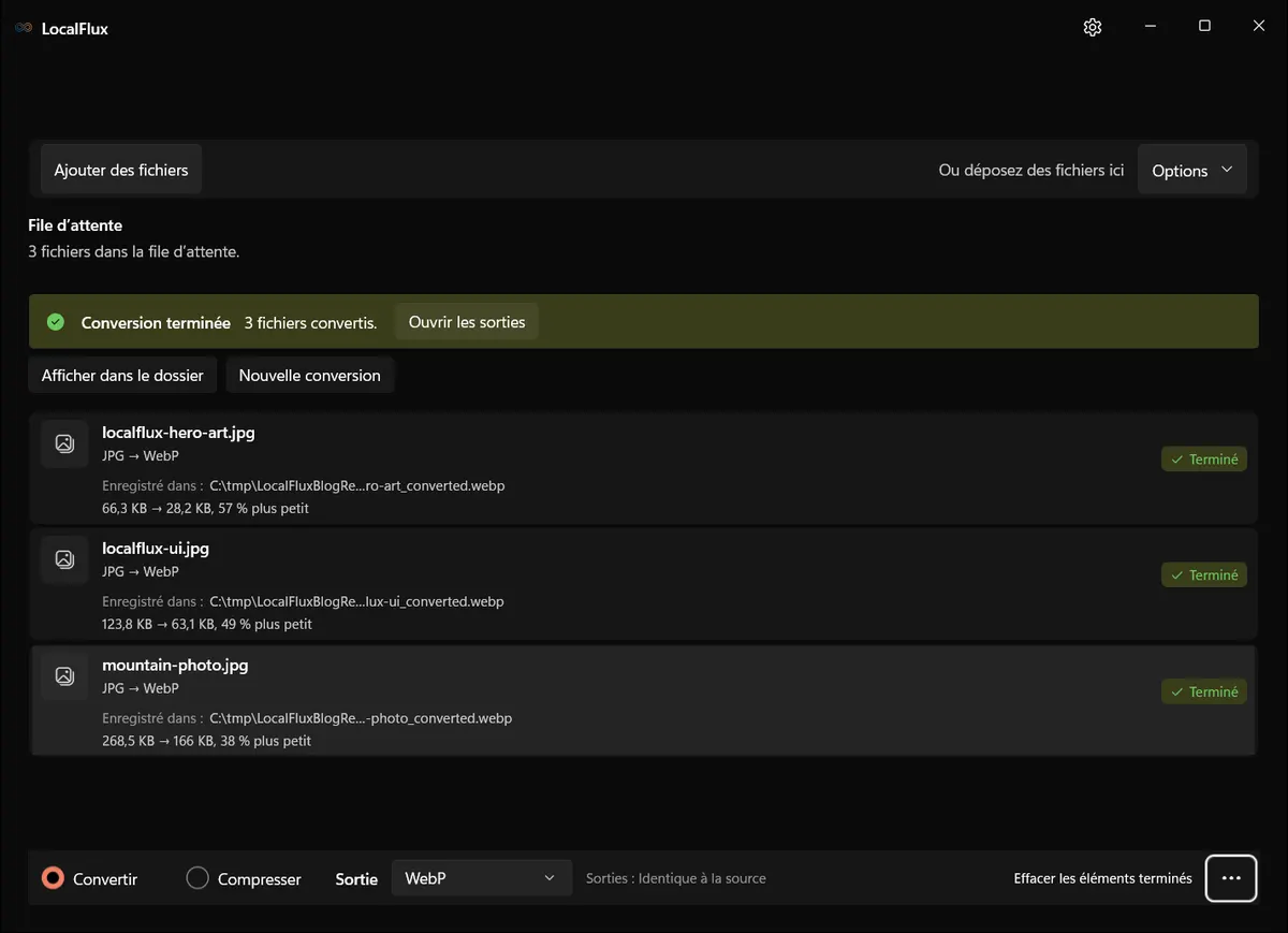 Trois conversions JPG vers WebP terminées.