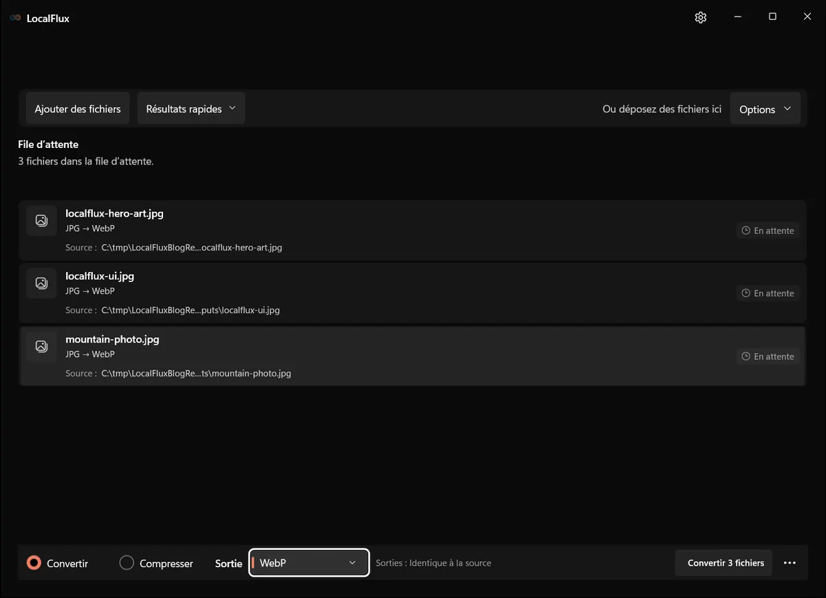 Trois JPG en attente avec WebP présélectionné.