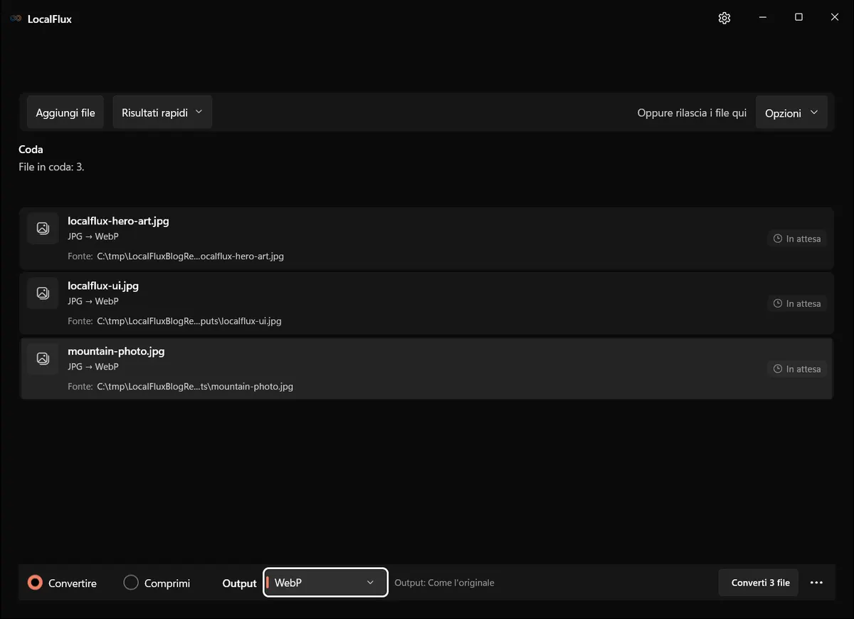 Tre file JPG in coda in LocalFlux con WebP preselezionato.