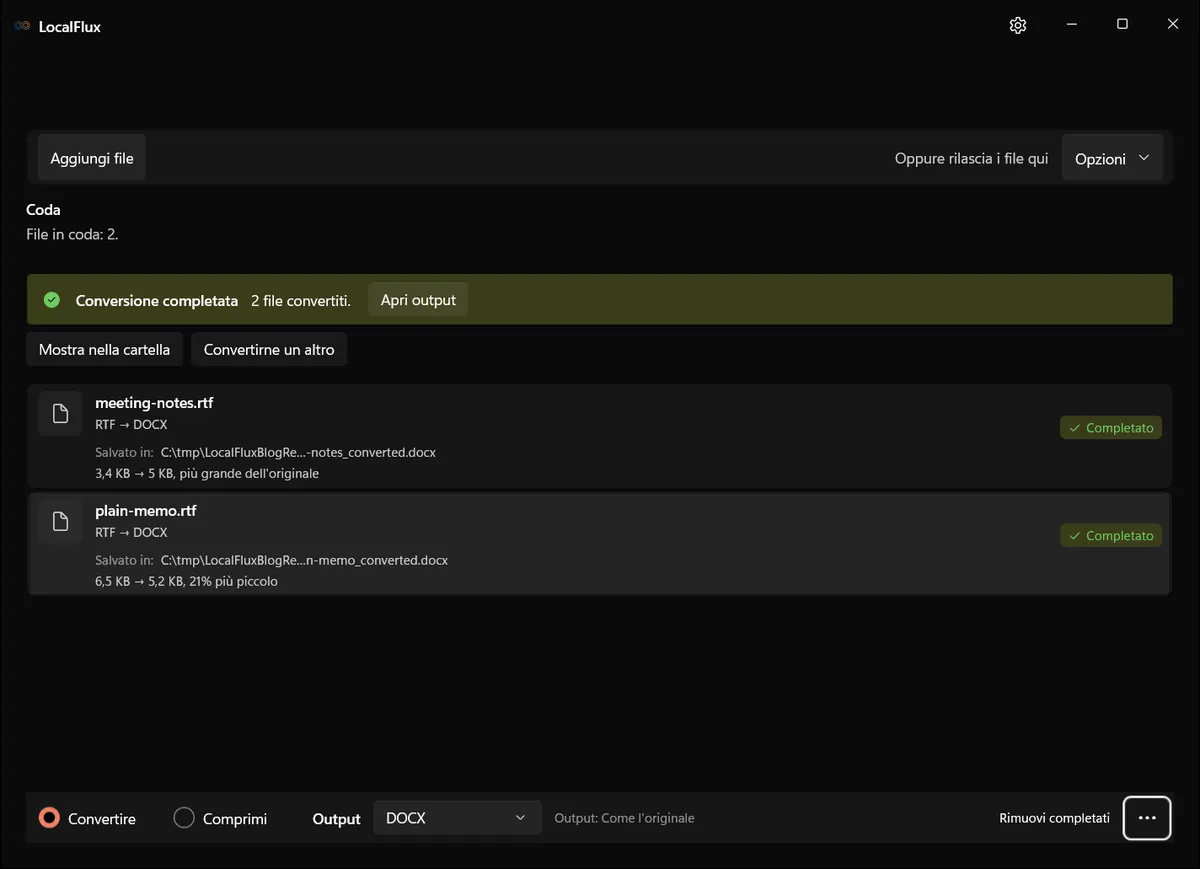 Conversione da RTF a DOCX completata in LocalFlux