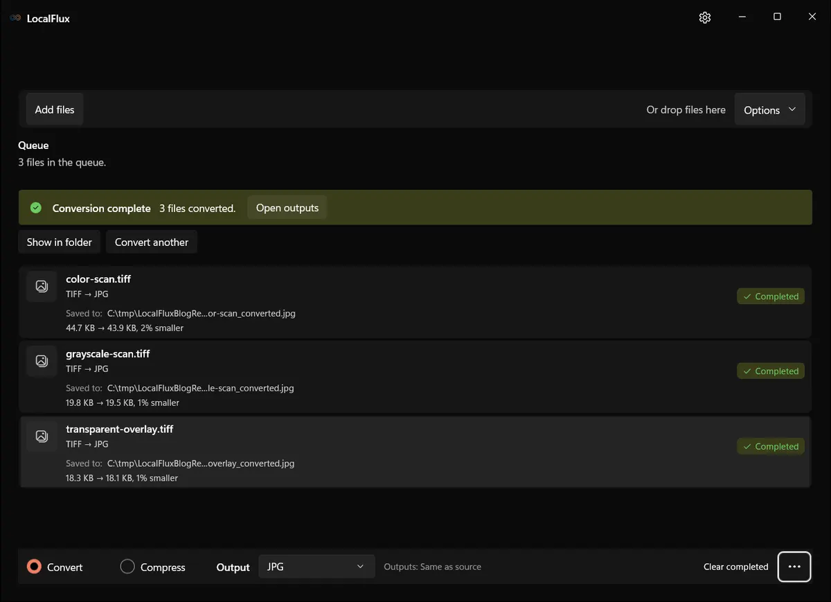 Three completed TIFF-to-JPG conversions in LocalFlux.