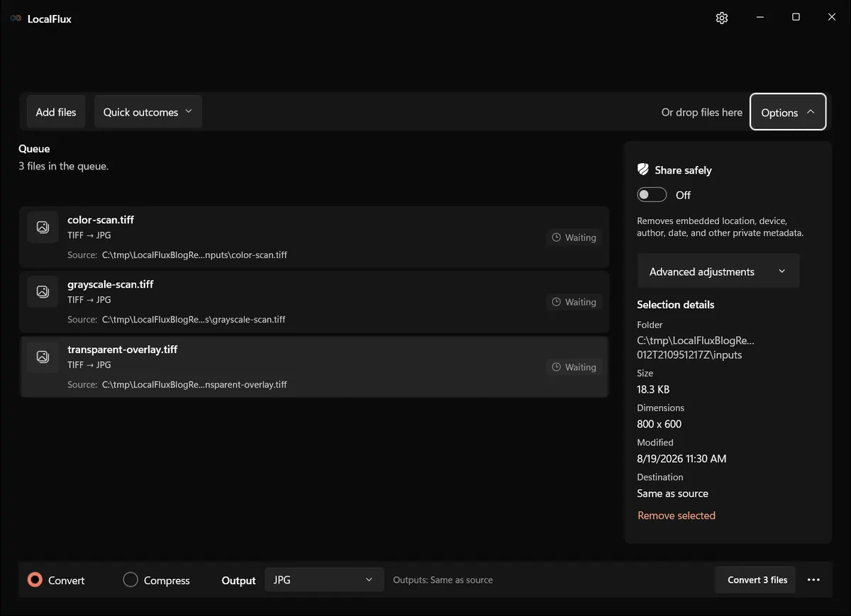 LocalFlux TIFF options with Share safely visible.