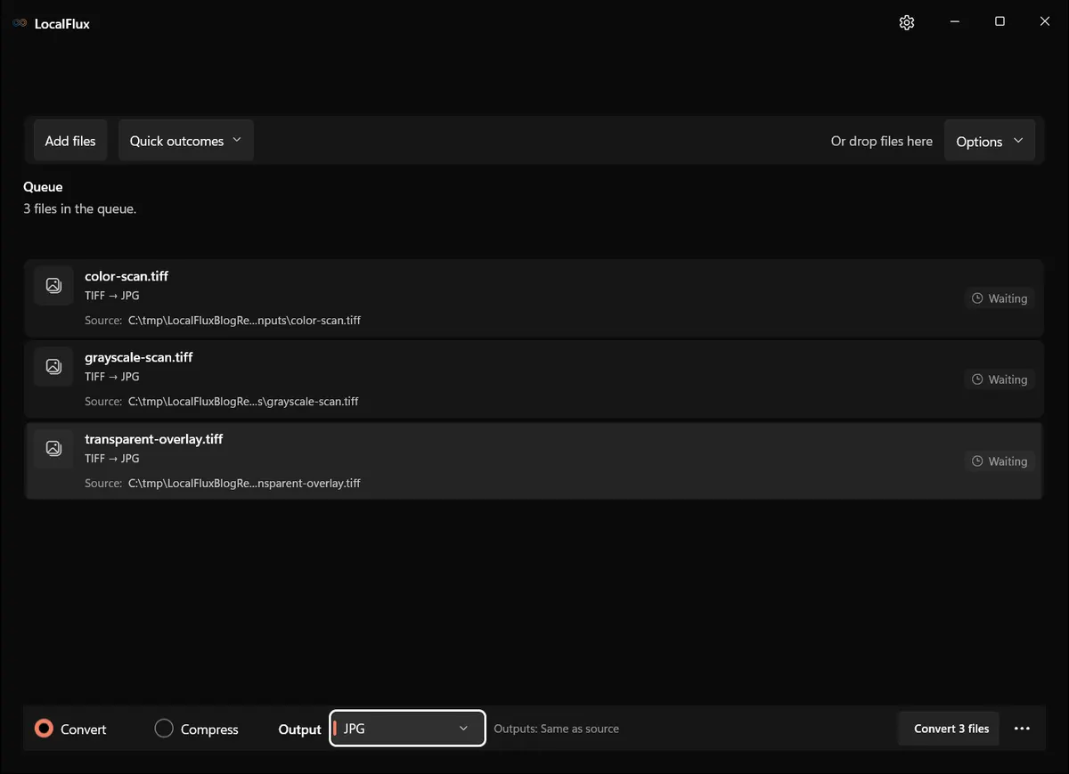 Three TIFF files waiting with JPG selected.