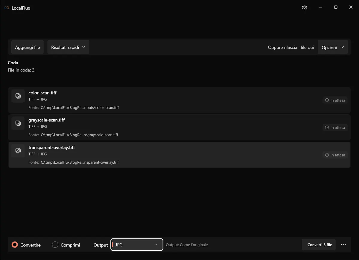 Tre file TIFF in attesa con JPG selezionato.