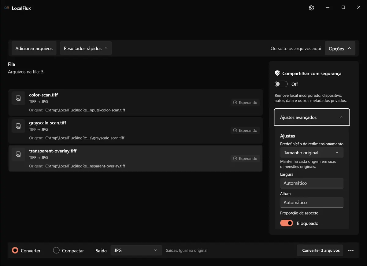Configurações avançadas de redimensionamento e qualidade para a conversão de TIFF em JPG.