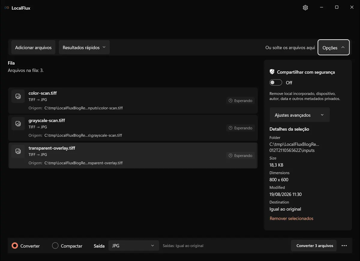 Opções de TIFF do LocalFlux com Compartilhar com segurança visível.
