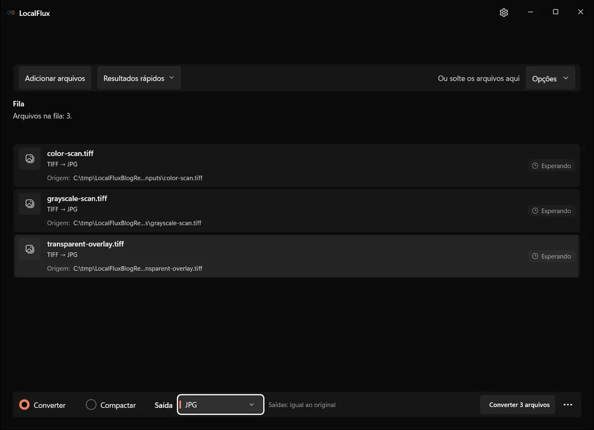 Três arquivos TIFF aguardando com JPG selecionado.