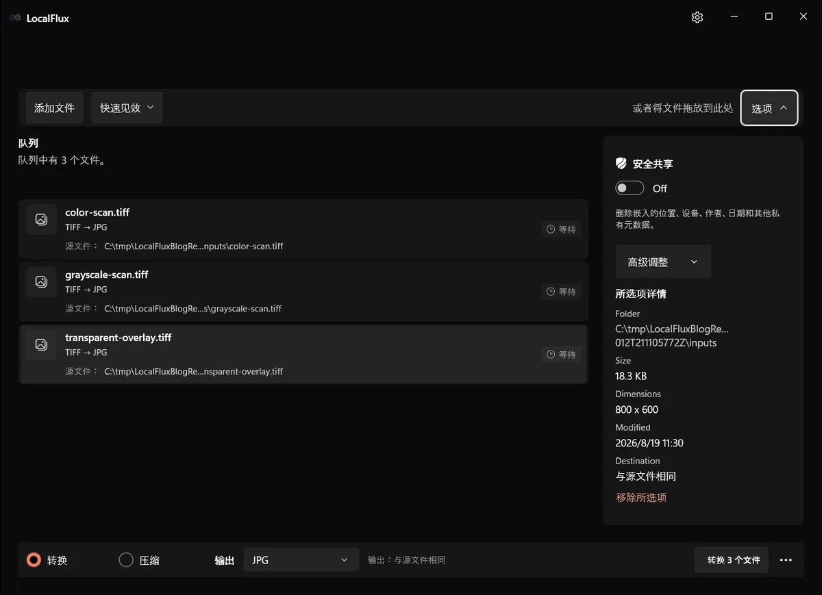 LocalFlux 的 TIFF 选项，其中显示了安全共享。