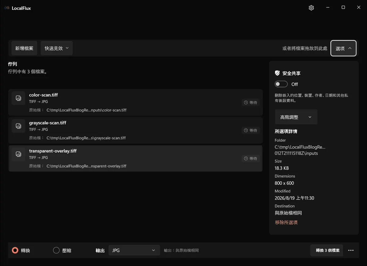 顯示「安全共享」的 LocalFlux TIFF 選項。