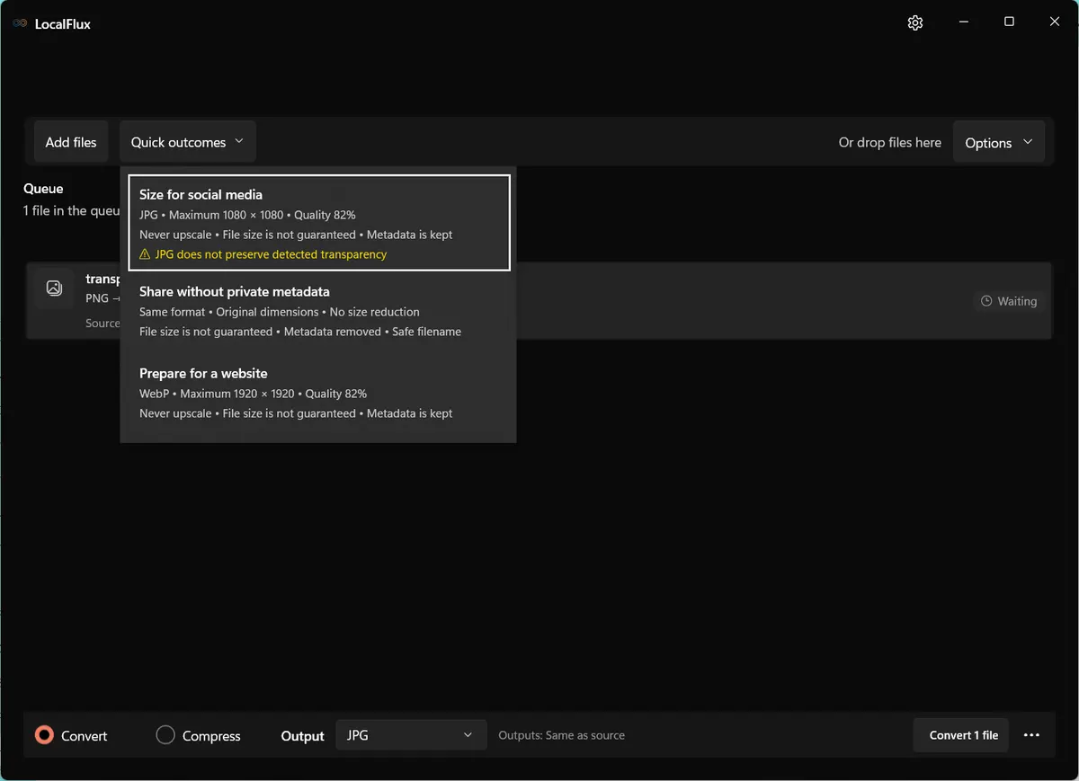 LocalFlux warning that JPG does not preserve detected transparency