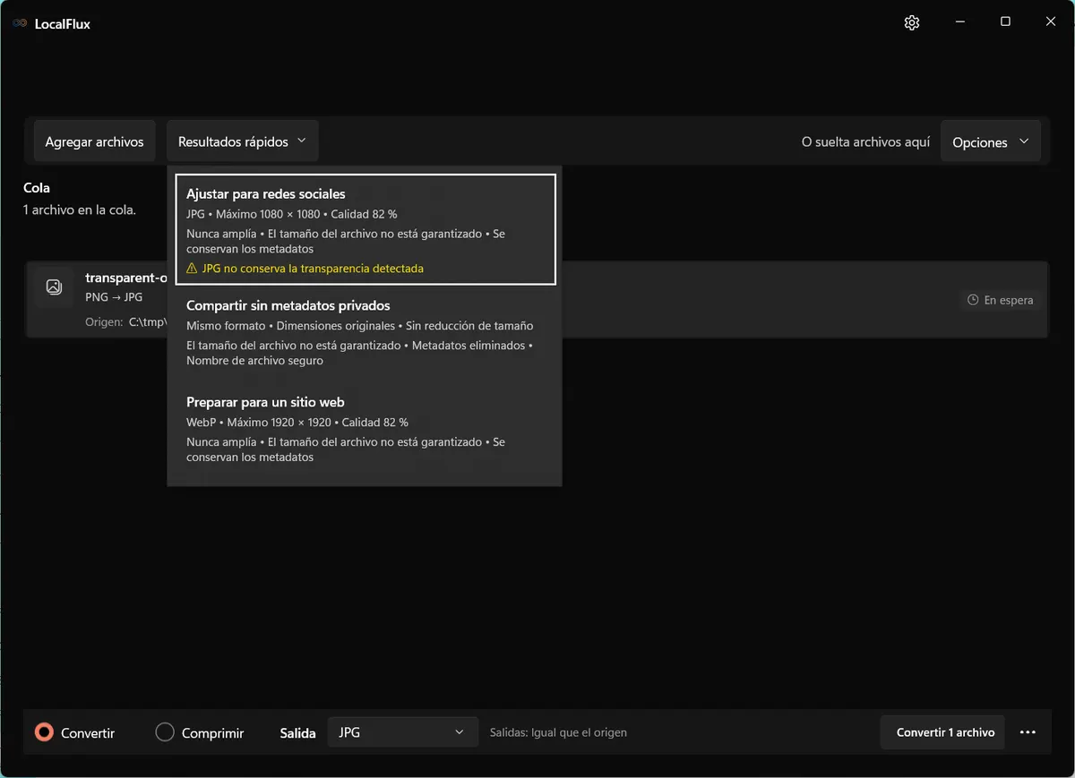 Advertencia de LocalFlux: JPG no conserva la transparencia detectada