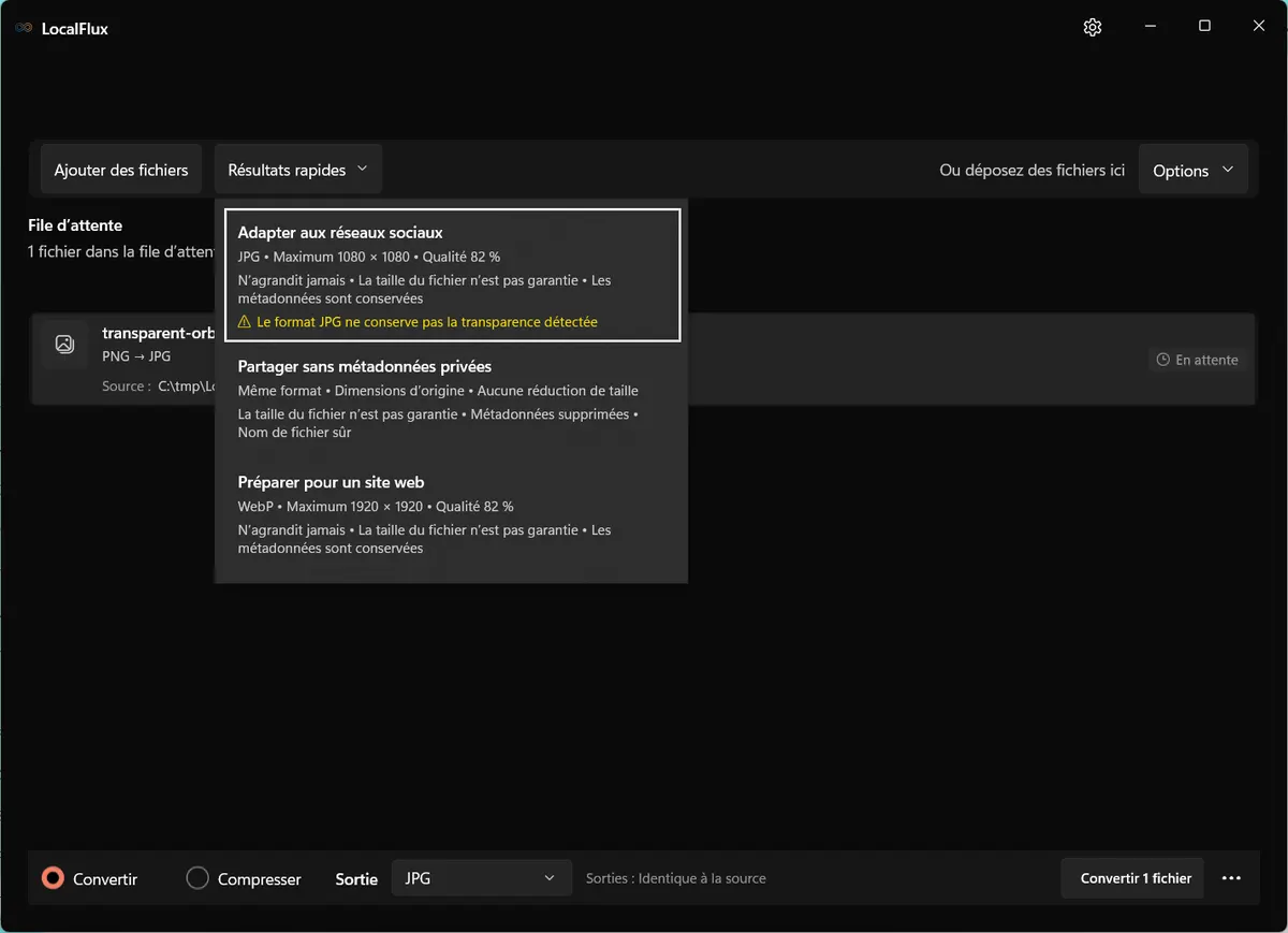 LocalFlux avertissant que JPG ne préserve pas la transparence détectée