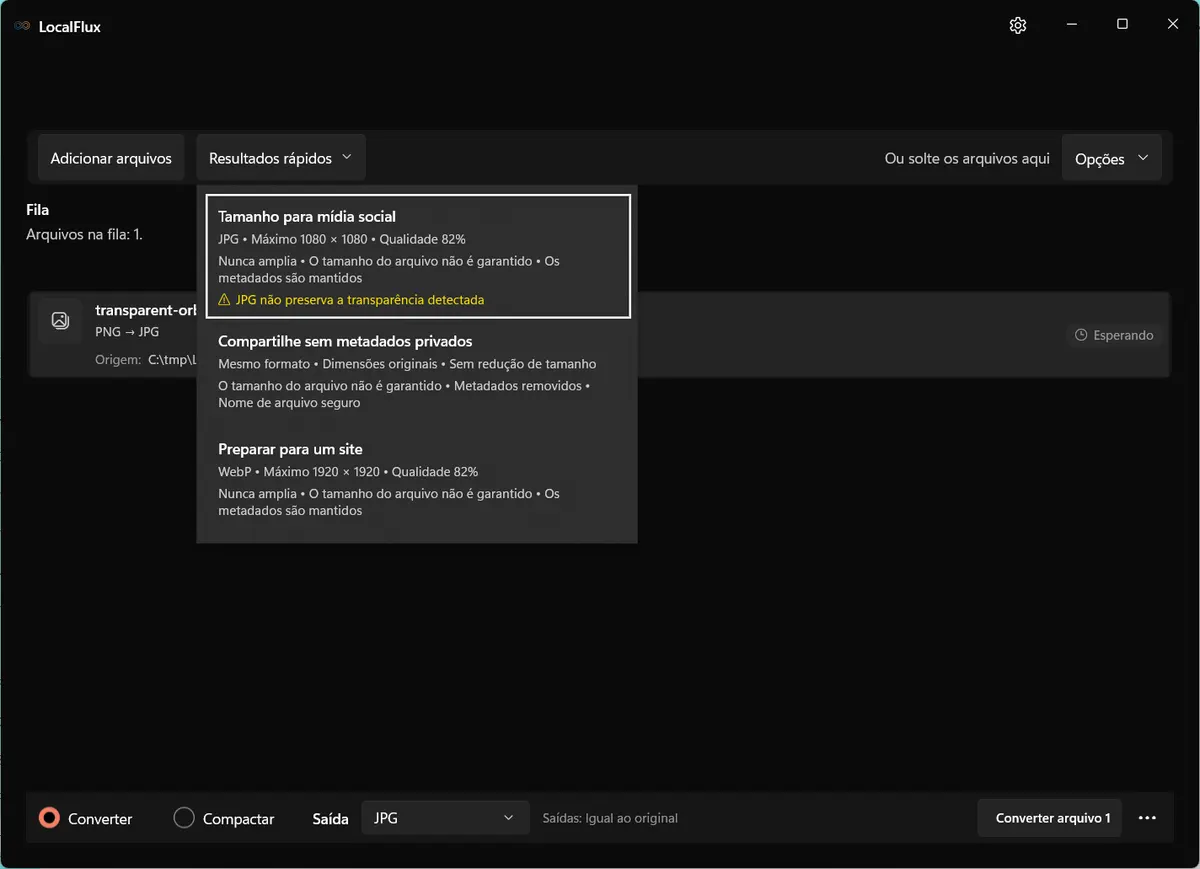 O LocalFlux avisando que JPG não preserva a transparência detectada