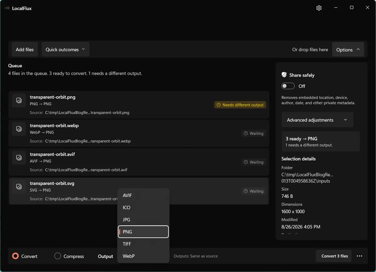 LocalFlux output menu listing AVIF, ICO, JPG, PNG, TIFF, and WebP