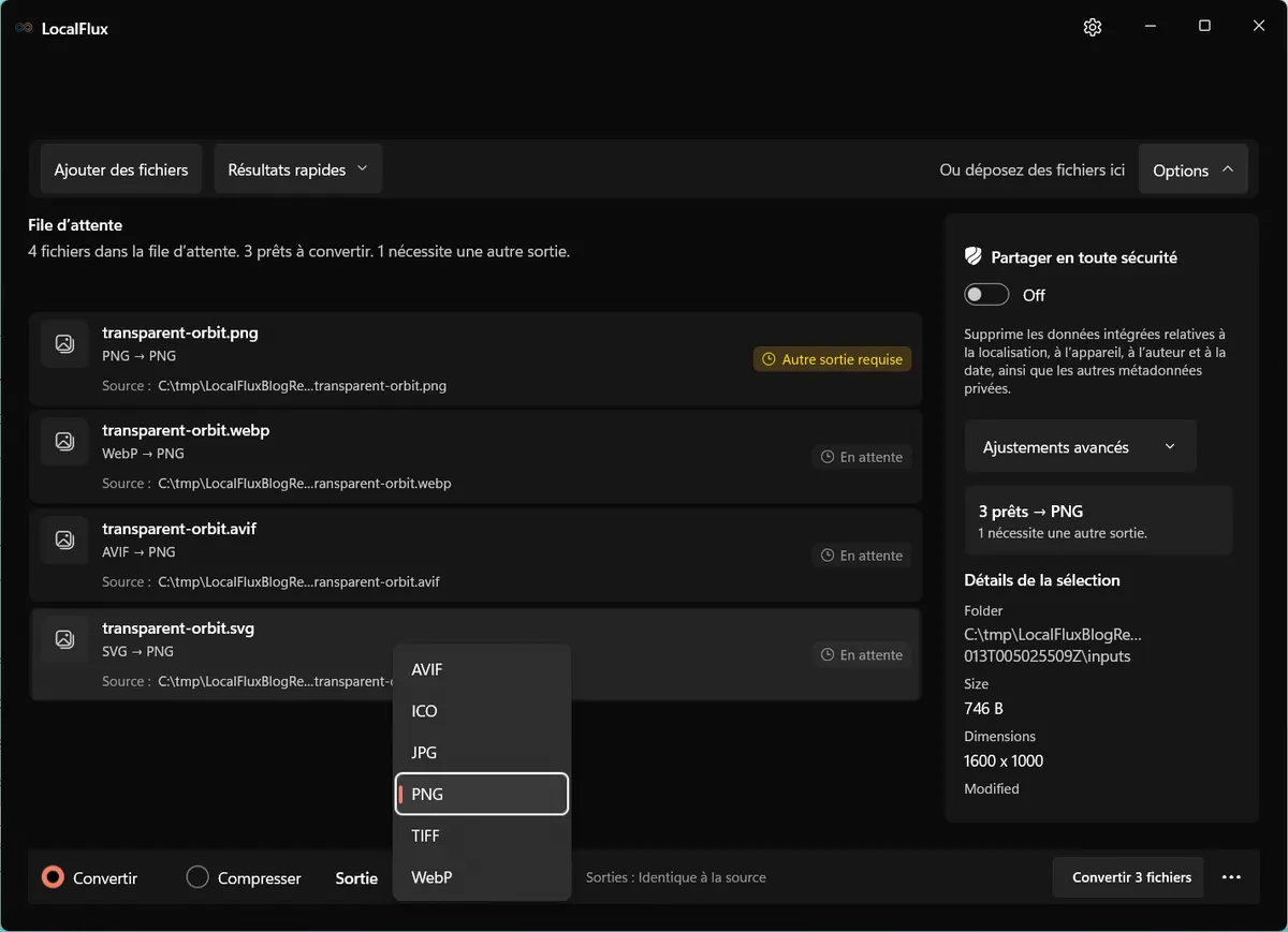 Menu de sortie de LocalFlux proposant AVIF, ICO, JPG, PNG, TIFF et WebP