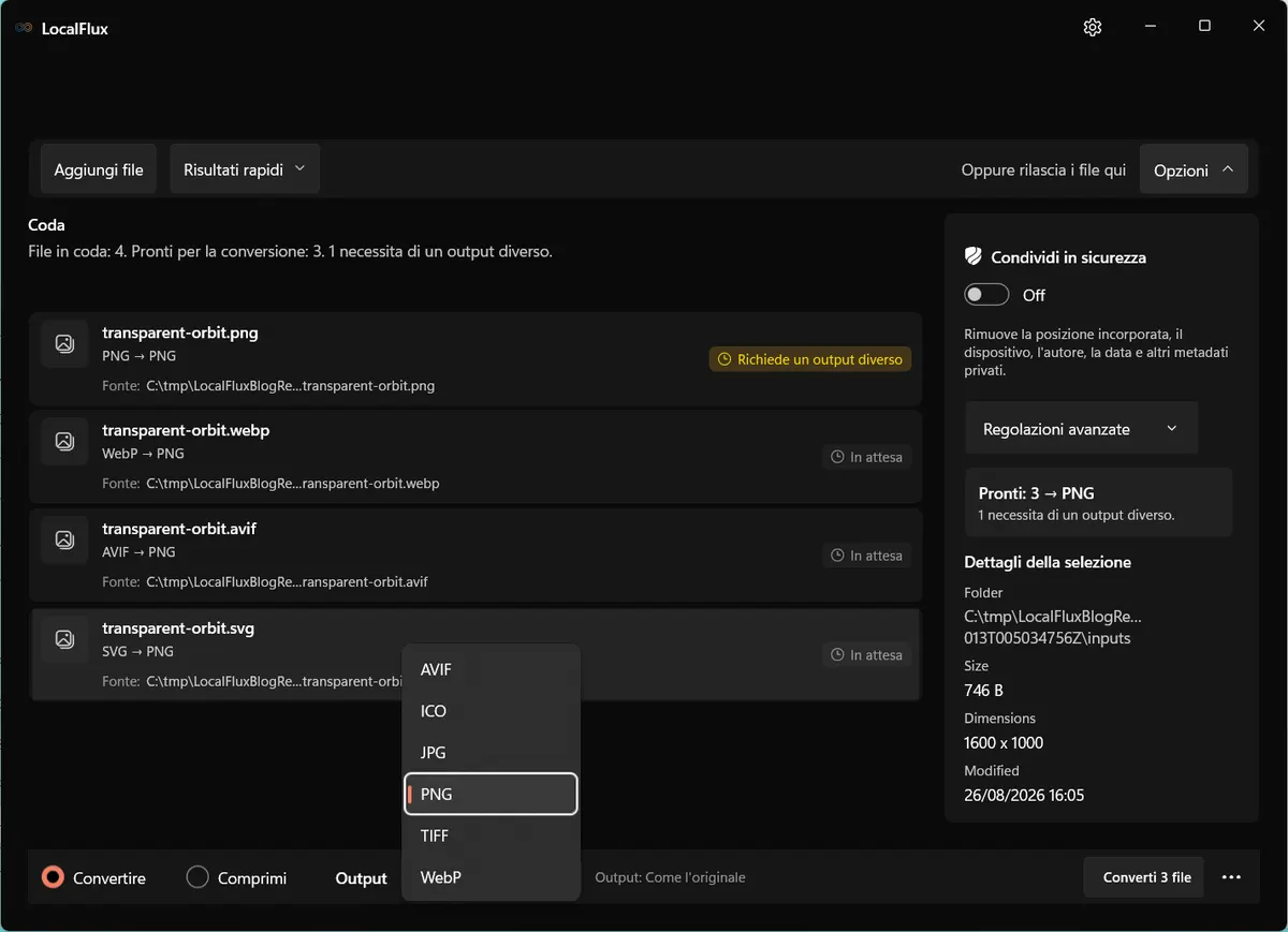 Menu di output di LocalFlux con AVIF, ICO, JPG, PNG, TIFF e WebP