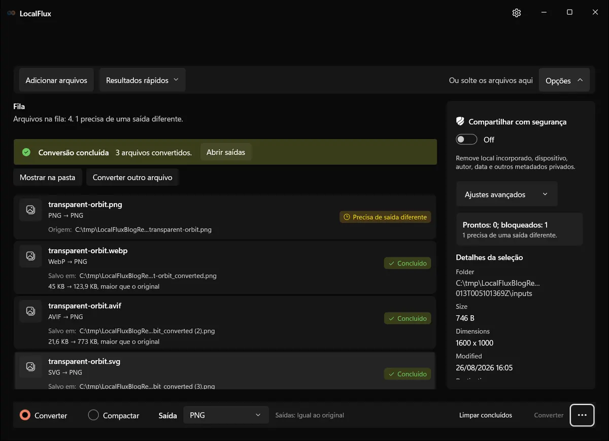 Lote concluído de WebP, AVIF e SVG para PNG no LocalFlux