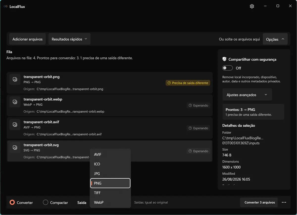 Menu de saída do LocalFlux listando AVIF, ICO, JPG, PNG, TIFF e WebP