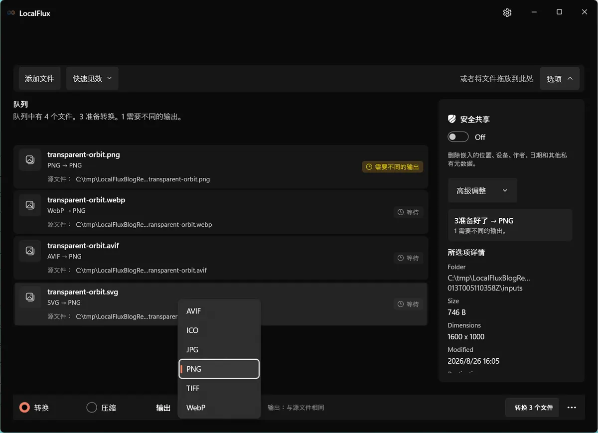 LocalFlux 输出菜单列出 AVIF、ICO、JPG、PNG、TIFF 和 WebP