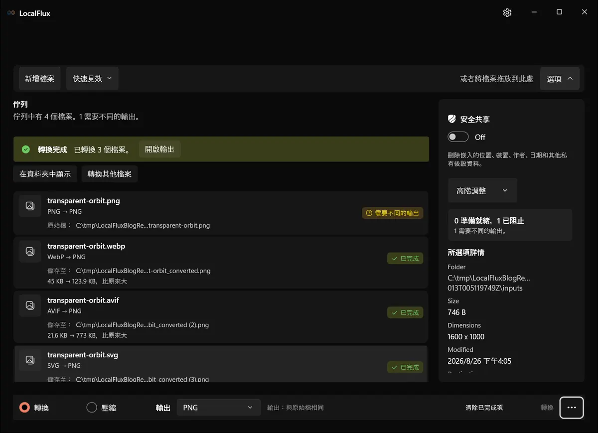 LocalFlux 中已完成的 WebP、AVIF 與 SVG 轉 PNG 批次作業