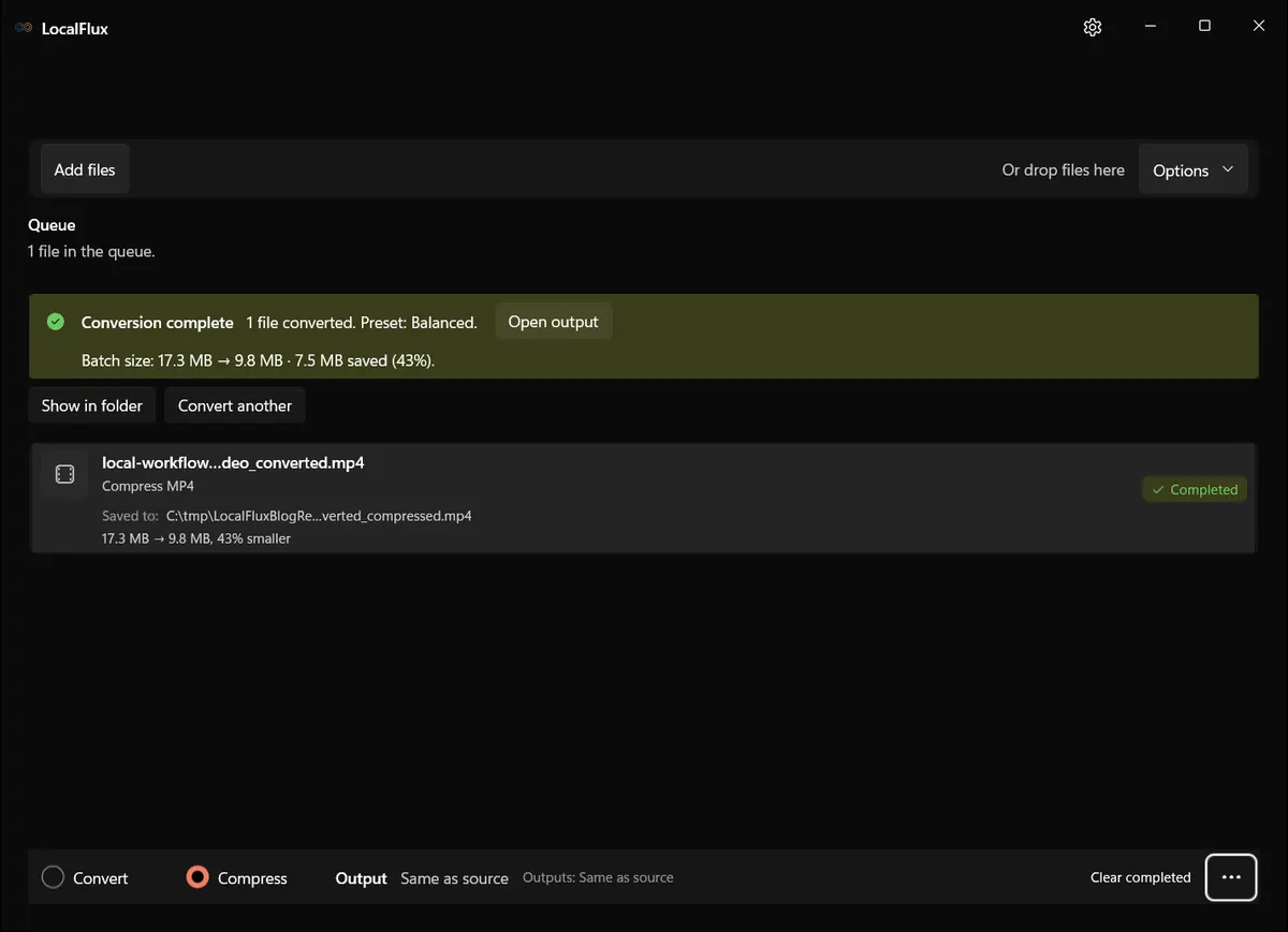 Completed Balanced compression in LocalFlux showing 17.3 MB reduced to 9.8 MB.