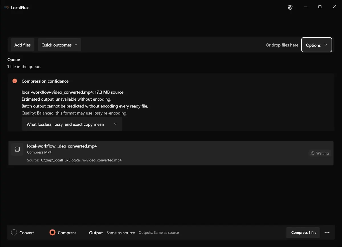 The converted MP4 ready in LocalFlux Compress mode with Options closed.