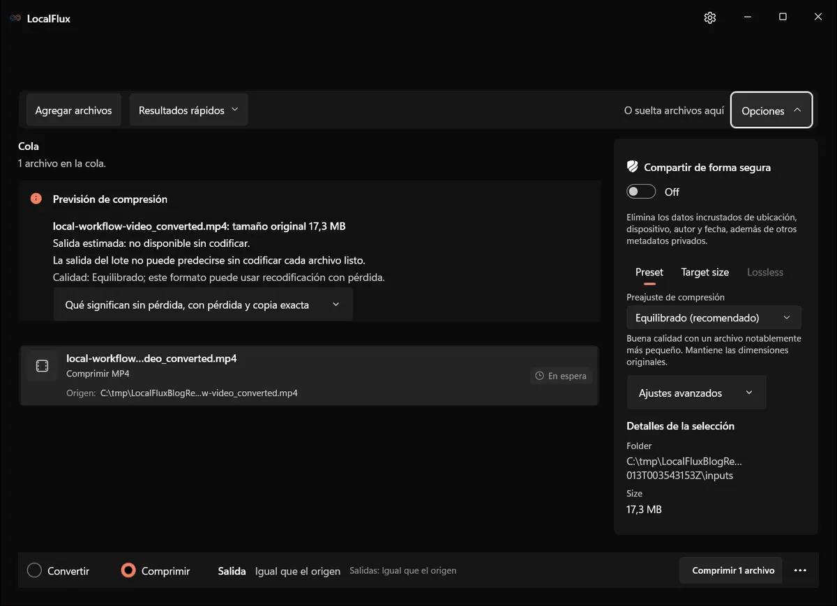 Opciones de compresión con Equilibrado recomendado.