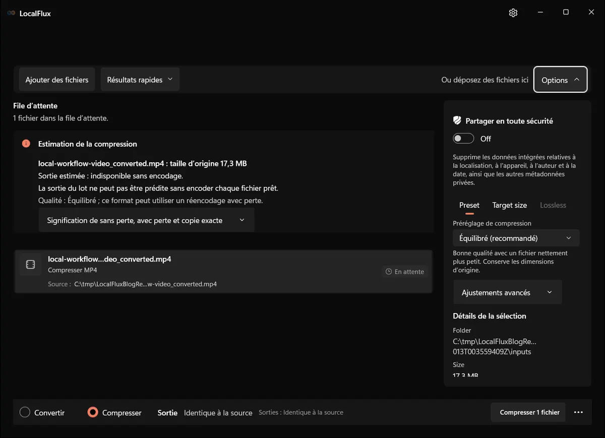 Options LocalFlux avec le préréglage Équilibré recommandé.