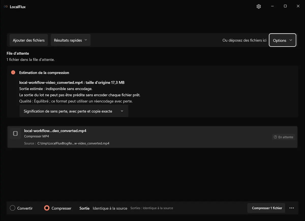 MP4 converti prêt dans le mode Compresser de LocalFlux.