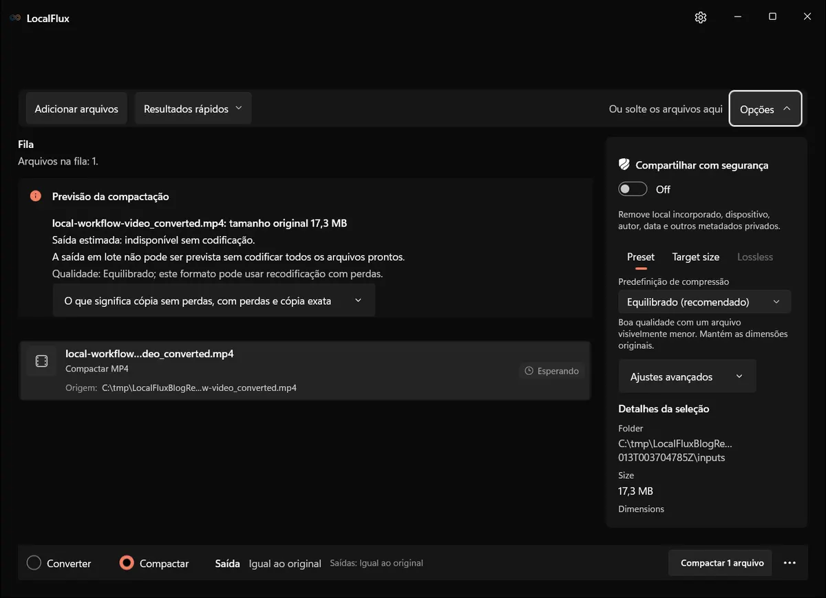Opções do LocalFlux mostrando o preset recomendado Equilibrado para o MP4 convertido.
