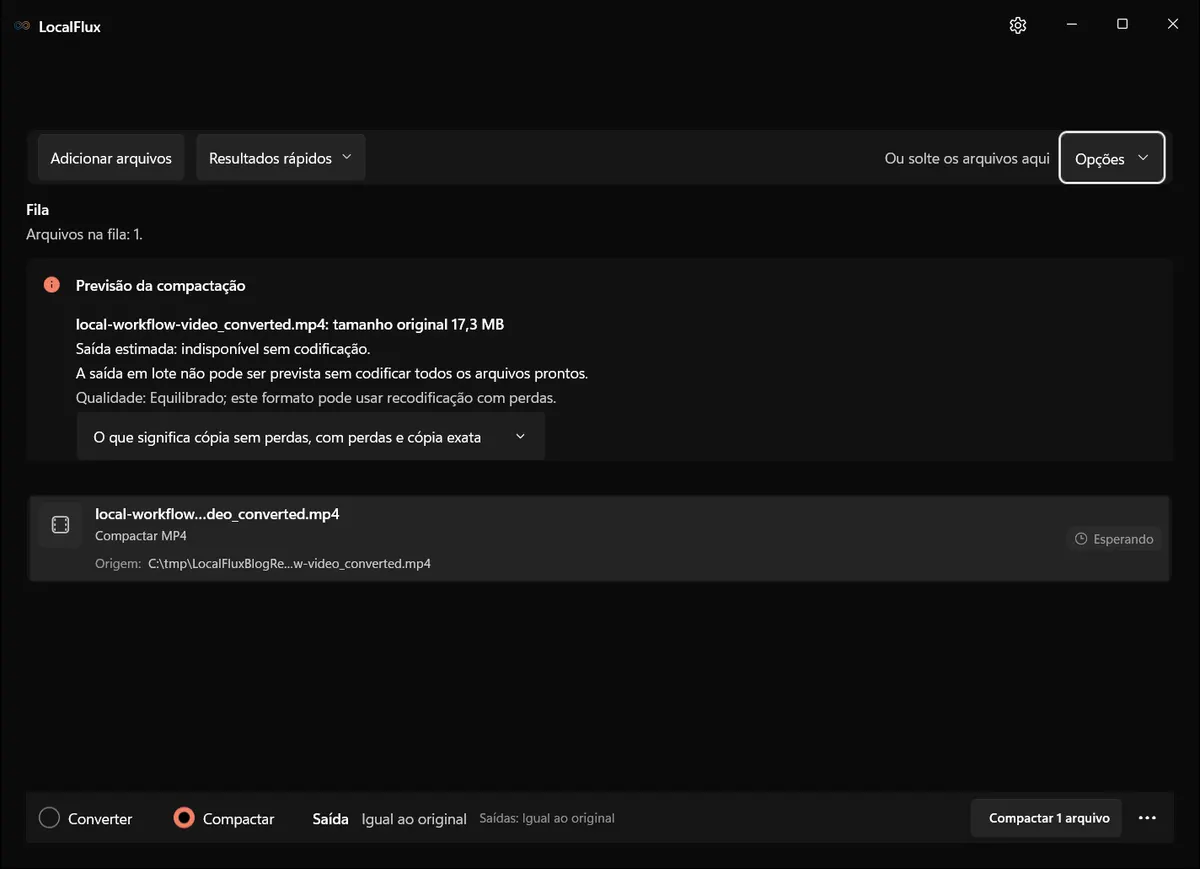 O MP4 convertido pronto no modo Compactar do LocalFlux com Opções fechado.