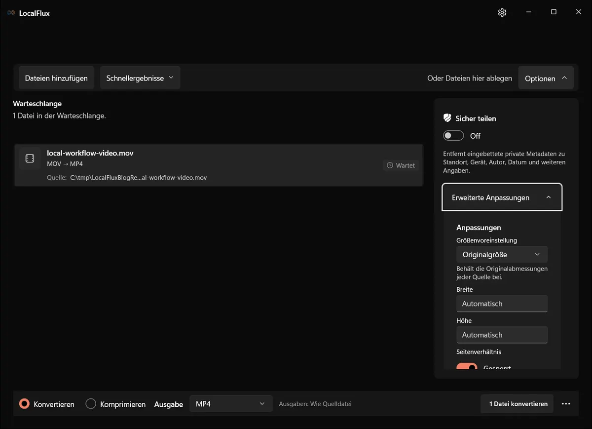 LocalFlux — MOV → MP4, Konvertieren