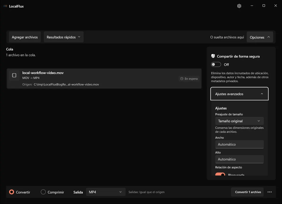 LocalFlux — MOV → MP4, Convertir