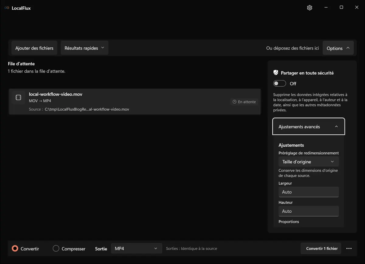 LocalFlux — MOV → MP4, Convertir