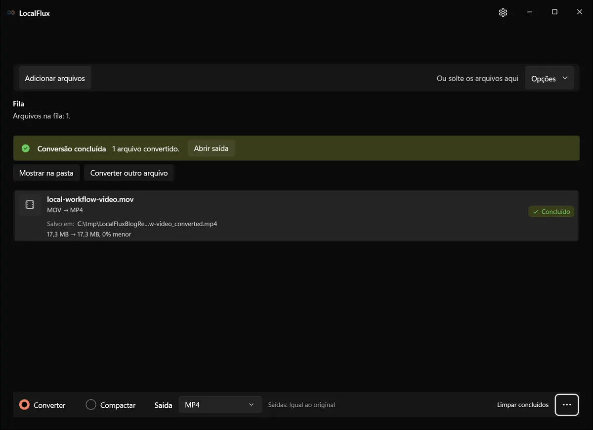 Conversão MOV para MP4 concluída no LocalFlux mostrando 17,3 MB antes e depois.