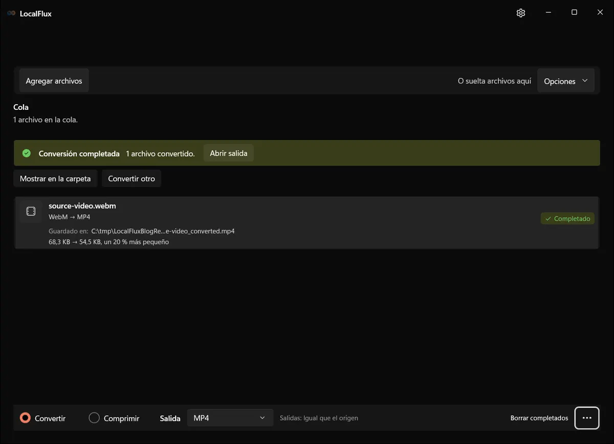 Resultado completado en LocalFlux: WebM → MP4