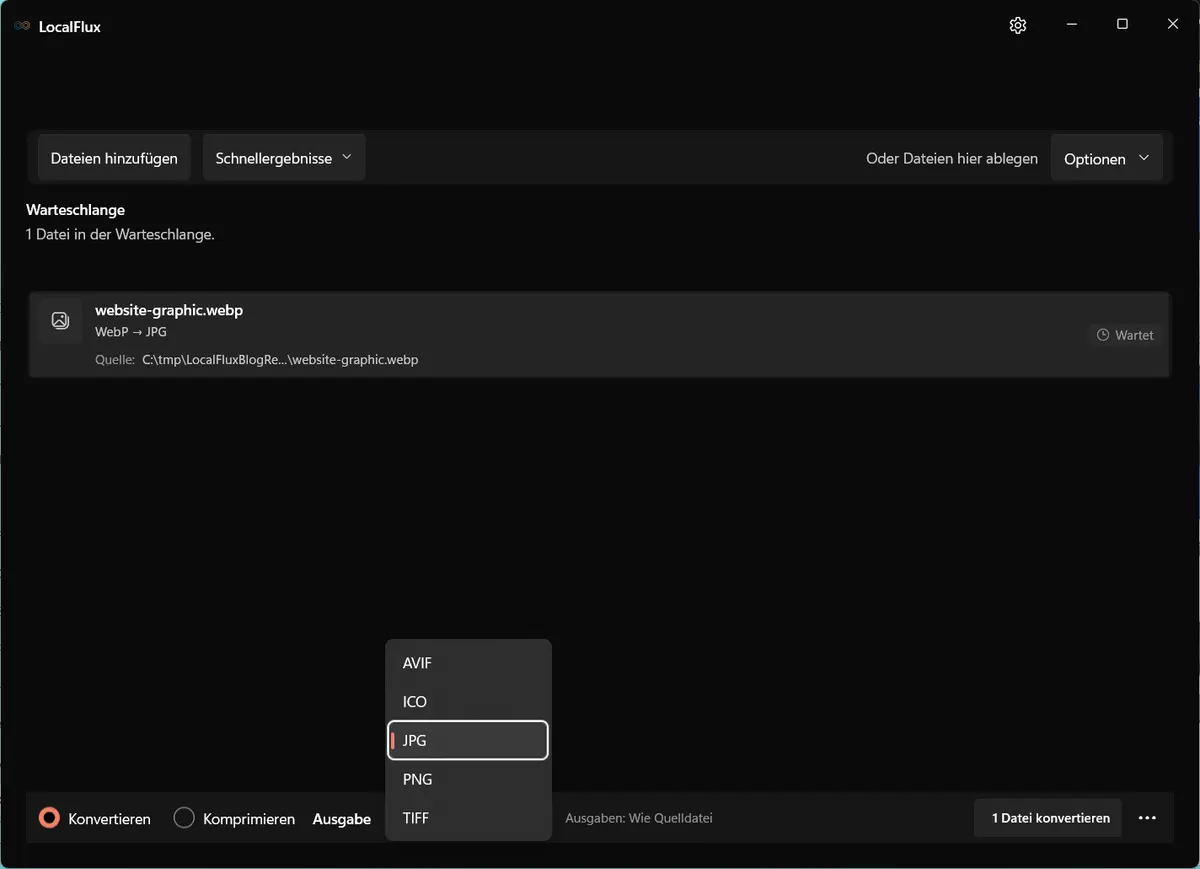 LocalFlux-Ausgabemenü für WebP mit JPG und PNG unter den unterstützten Zielen.