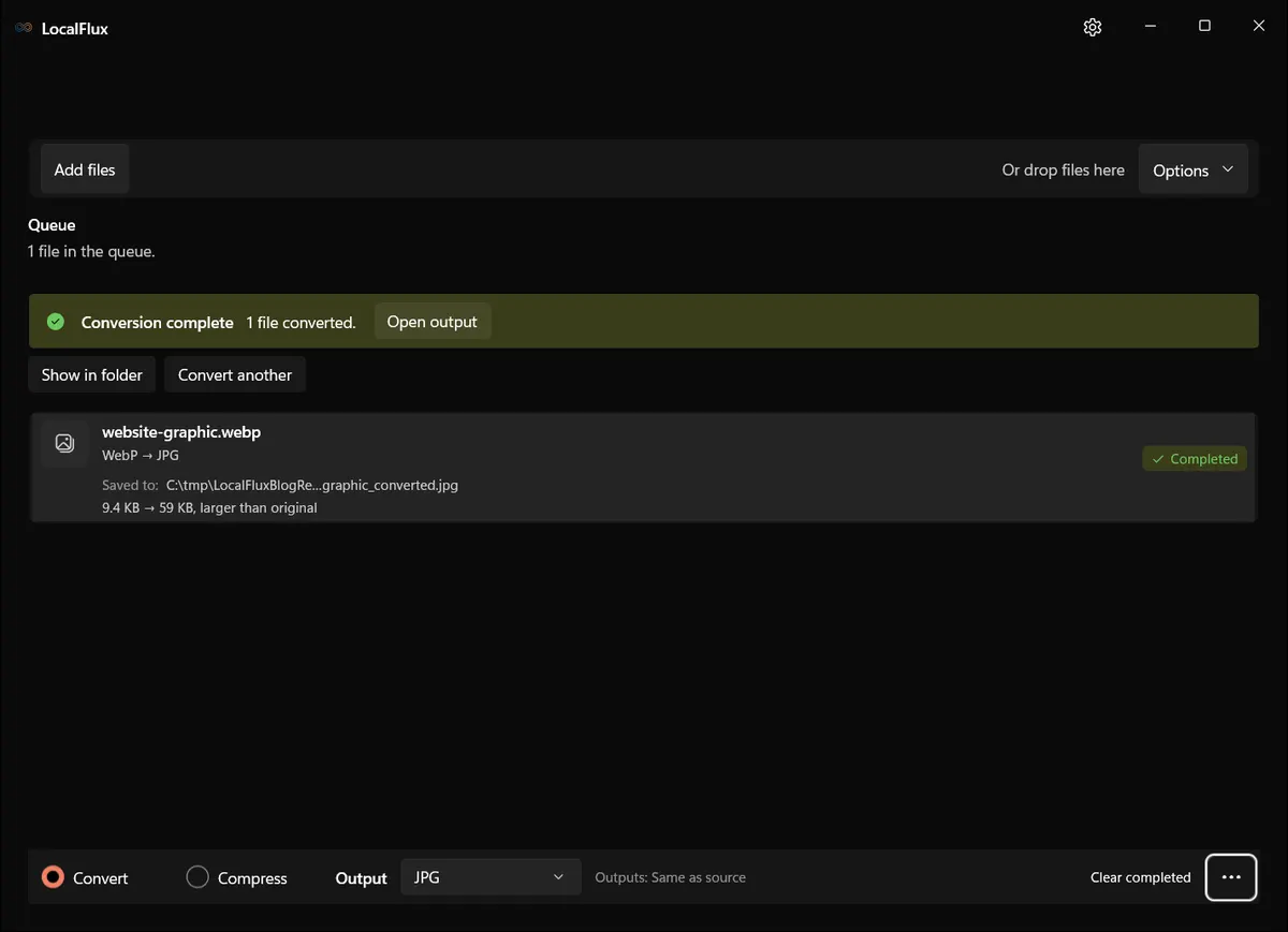 The completed LocalFlux WebP-to-JPG conversion showing a new output copy.