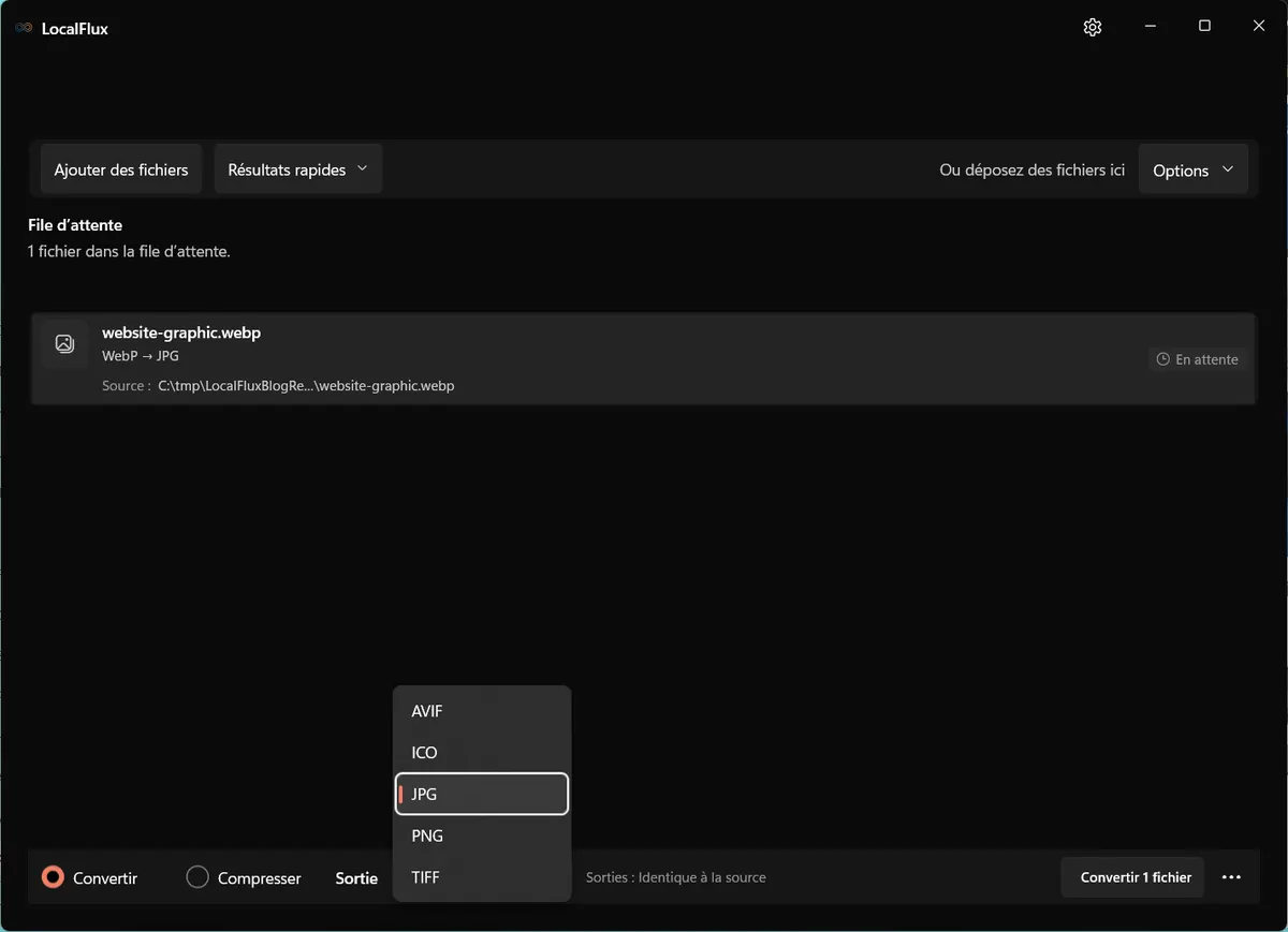 Menu de sortie LocalFlux pour WebP, avec JPG et PNG parmi les choix compatibles.
