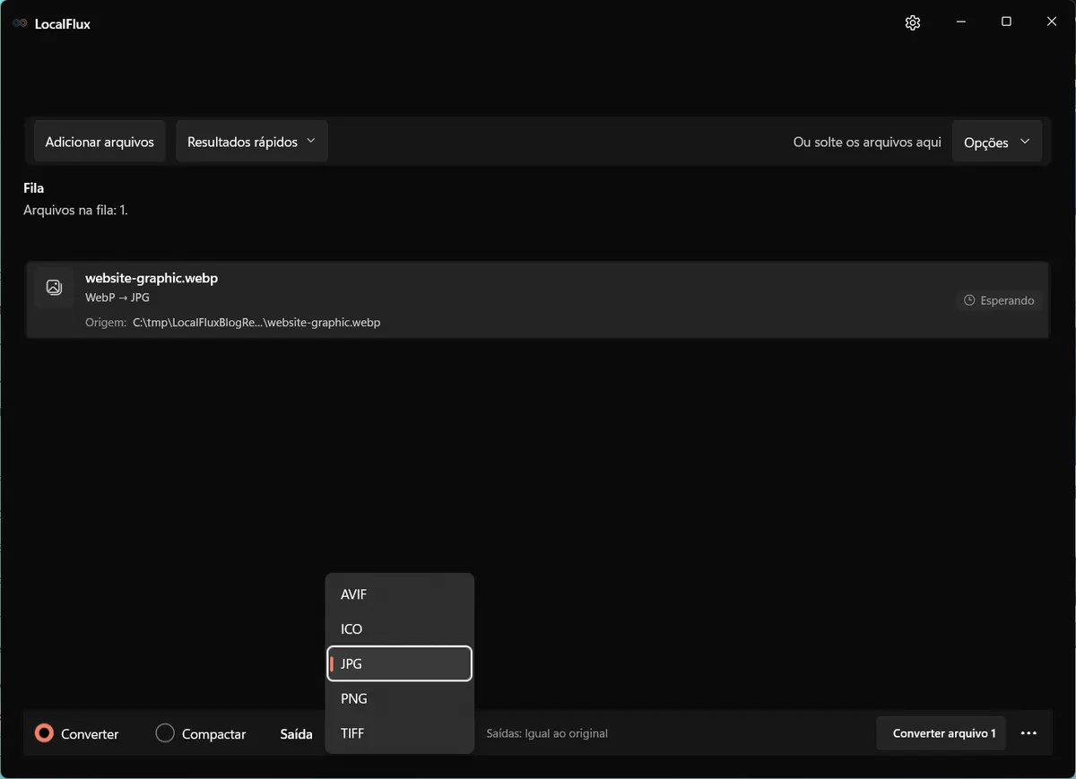 O menu de saída WebP do LocalFlux com JPG e PNG entre as opções compatíveis.