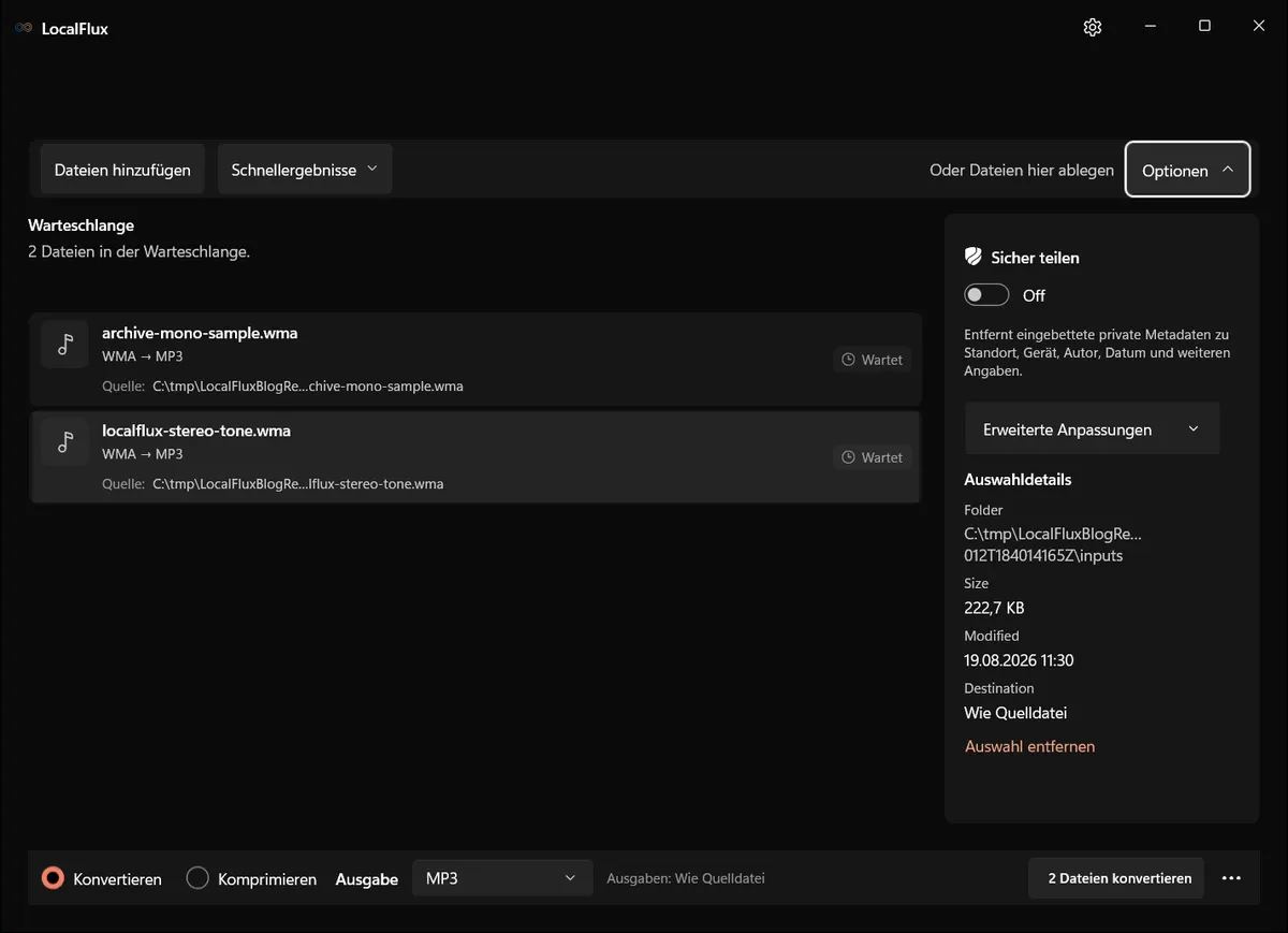 Ausgabeoptionen: WMA → MP3