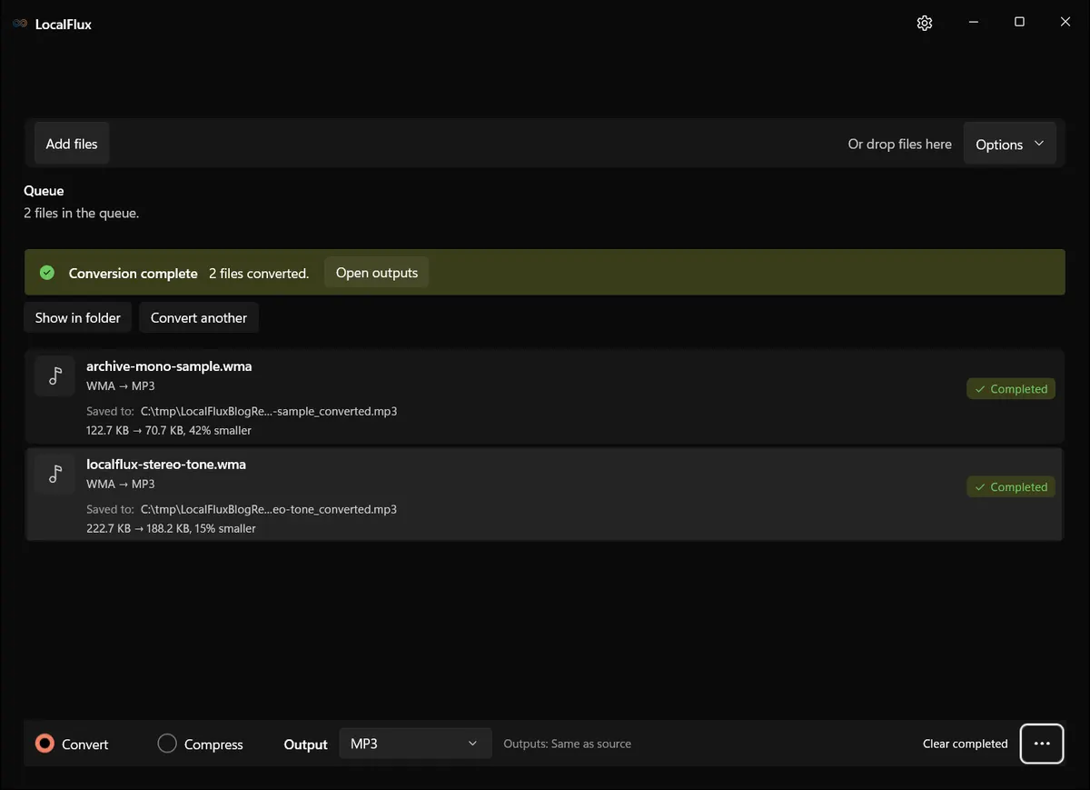 Two completed WMA-to-MP3 conversions in LocalFlux.